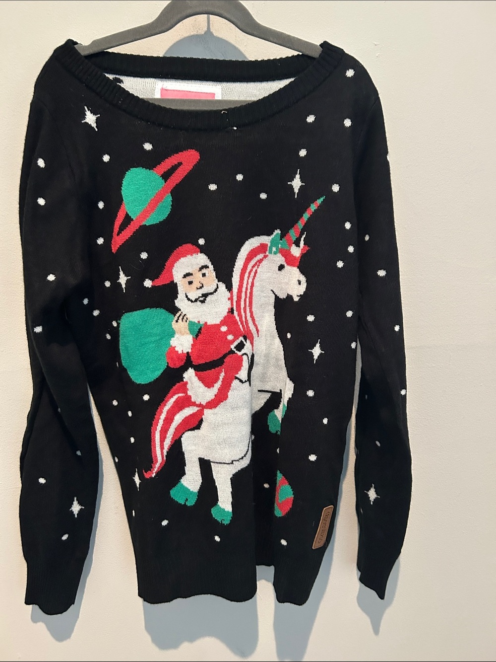 Tipsy Elves Black Santa Riding Unicorn Crewneck Sweater